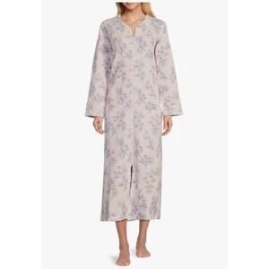 Miss Elaine Quilted Floral Print Long Zipper Robe Pink Lilac Petite Small